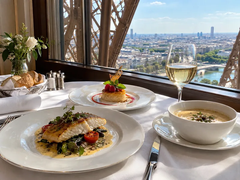 Un déjeuner trois plats avec du vin blanc près d'une grande fenêtre, à côté des poutrelles en fer de la tour Eiffel