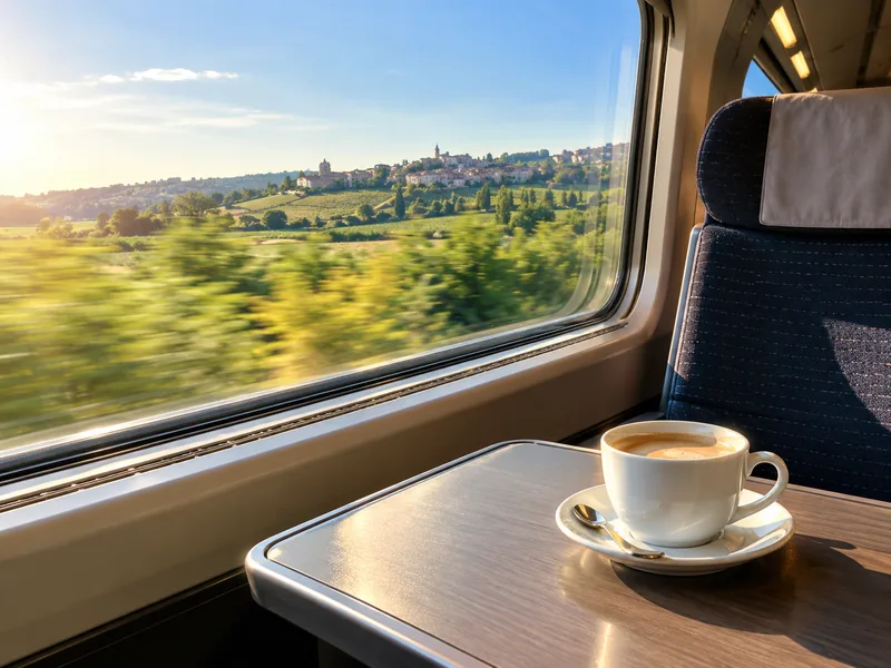 Une place côté fenêtre dans un train avec une tasse de café et la campagne verte qui défile